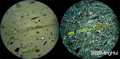 單偏光鏡下觀察，左側(cè)是沒(méi)加偏光，右側(cè)是加偏光的-明慧公司
